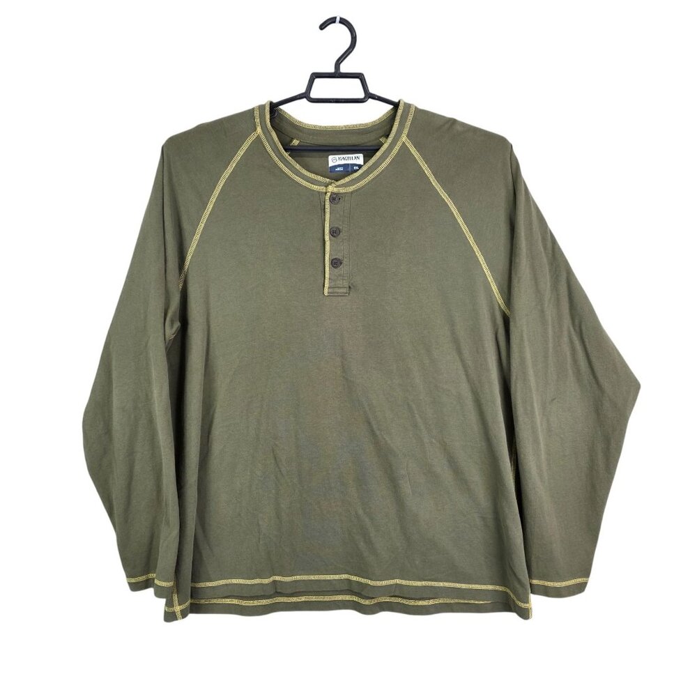 Mens Magellan Outdoors Olive Henley Shirt Long Sleeve 100% Cotton Size 2XL